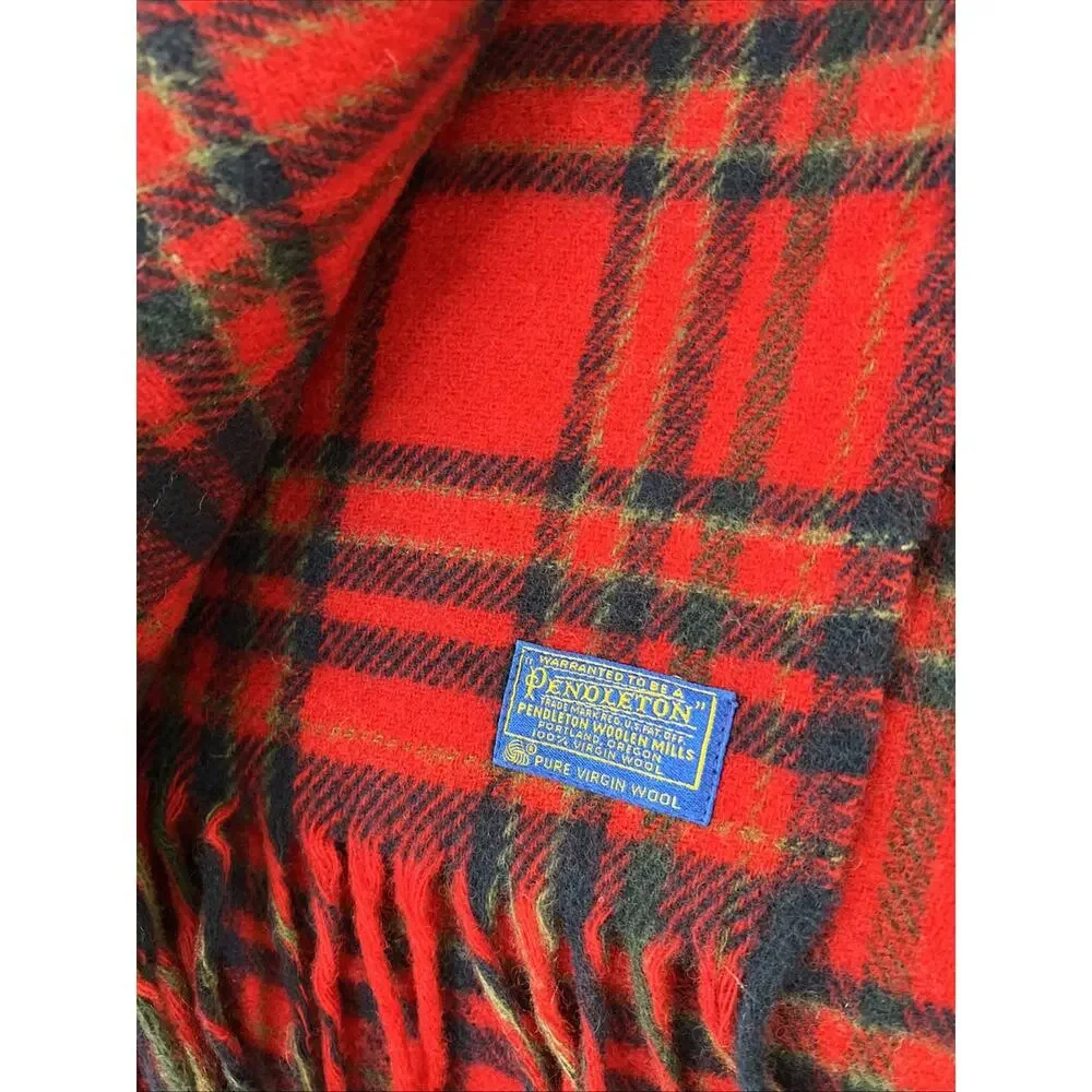 Vintage Pendleton Plaid 100% Wool Fringe Blanket Red Blue Made USA Approx. 52x72